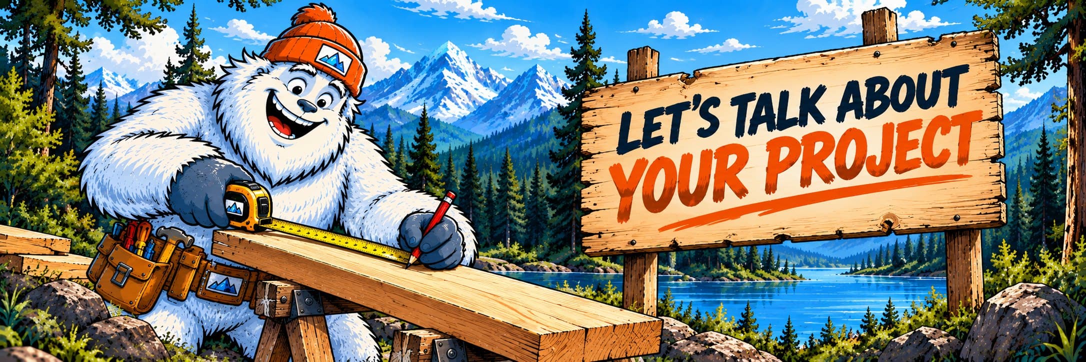 The Builder yeti measuring and marking a board on sawhorses beside a lake, next to a large wooden sign reading Let's talk about your project