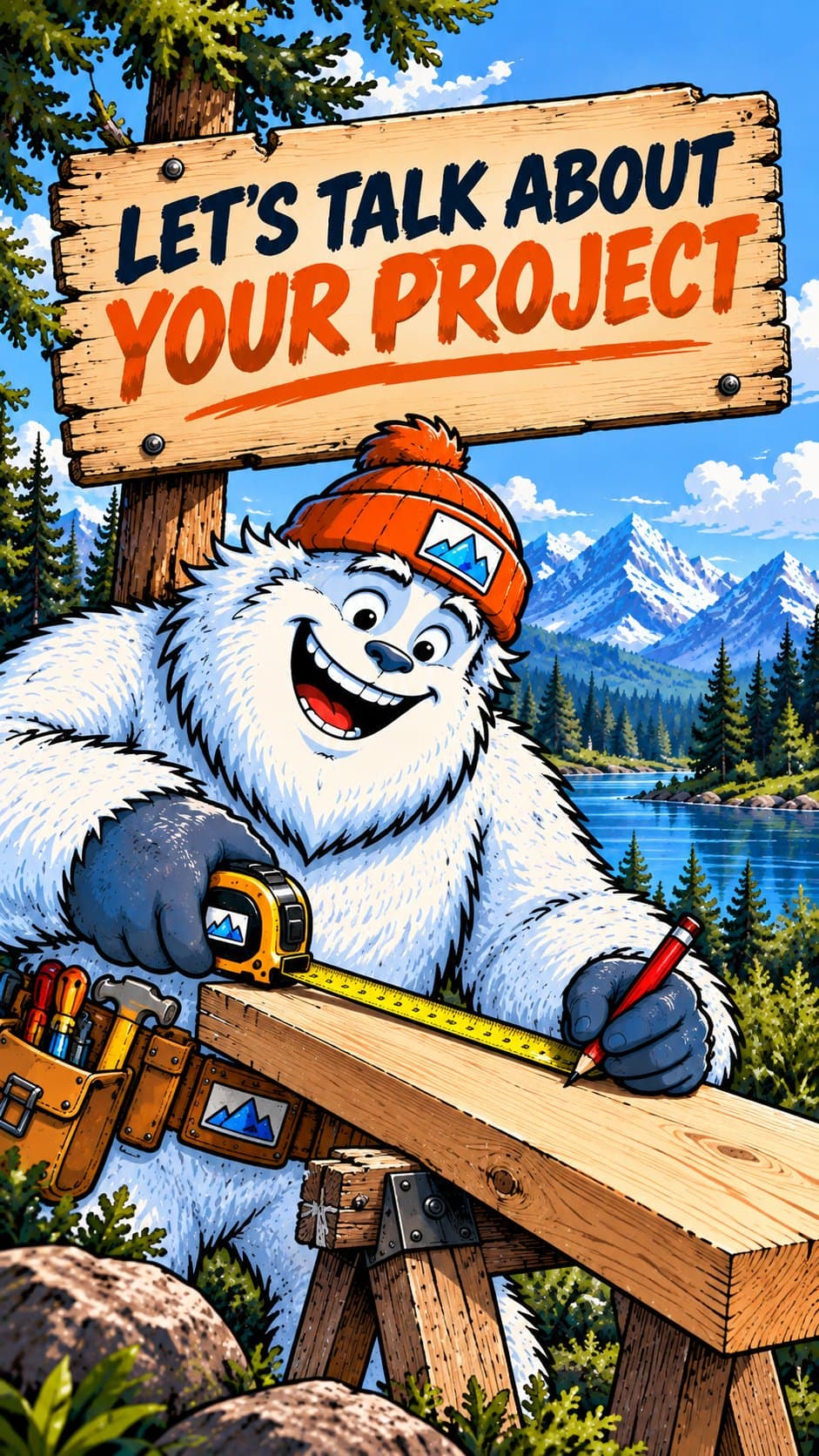 The Builder yeti measuring and marking a board on sawhorses beside a lake, next to a large wooden sign reading Let's talk about your project
