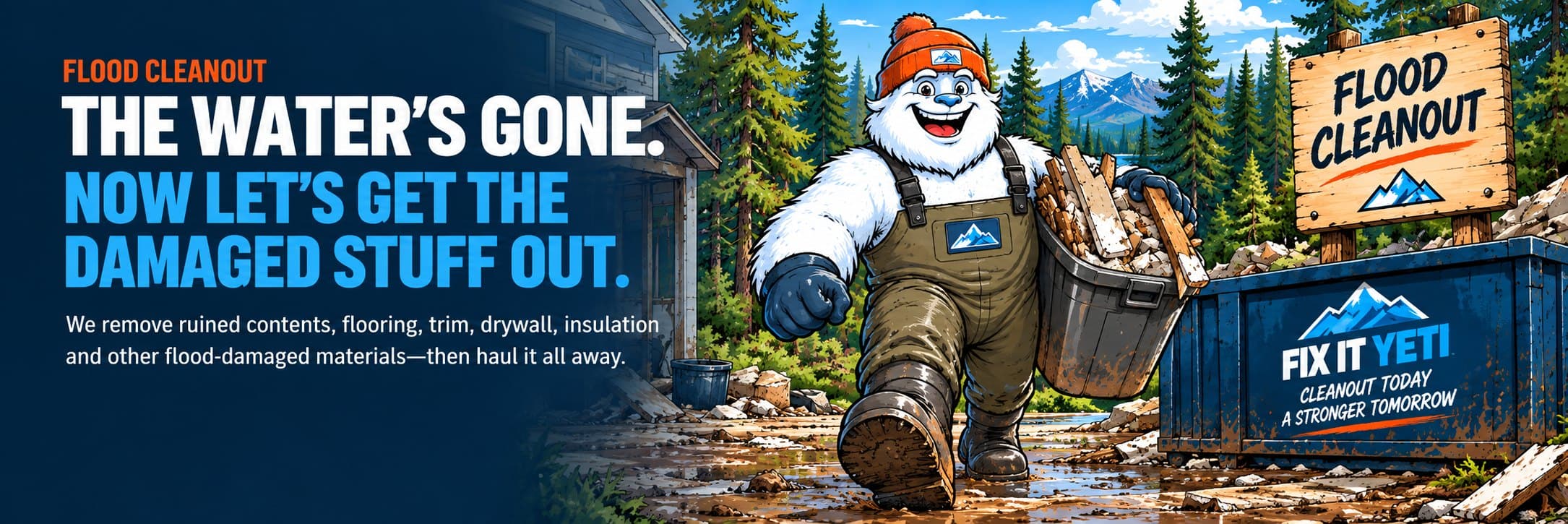The Builder yeti in muddy overalls carrying a bucket of flood debris past a Fix It Yeti dumpster, with the words The water's gone. Now let's get the damaged stuff out.