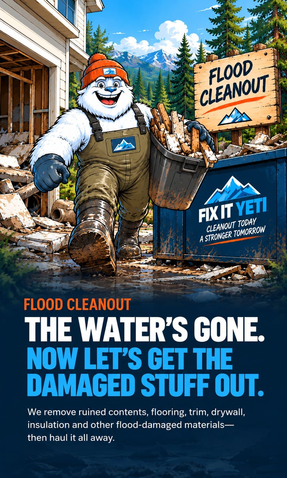 The Builder yeti in muddy overalls carrying a bucket of flood debris past a Fix It Yeti dumpster, with the words The water's gone. Now let's get the damaged stuff out.