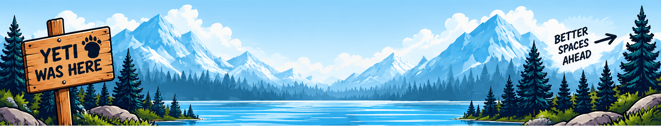 Mountain lake scene with a wooden sign reading Yeti was here and the words Better spaces ahead