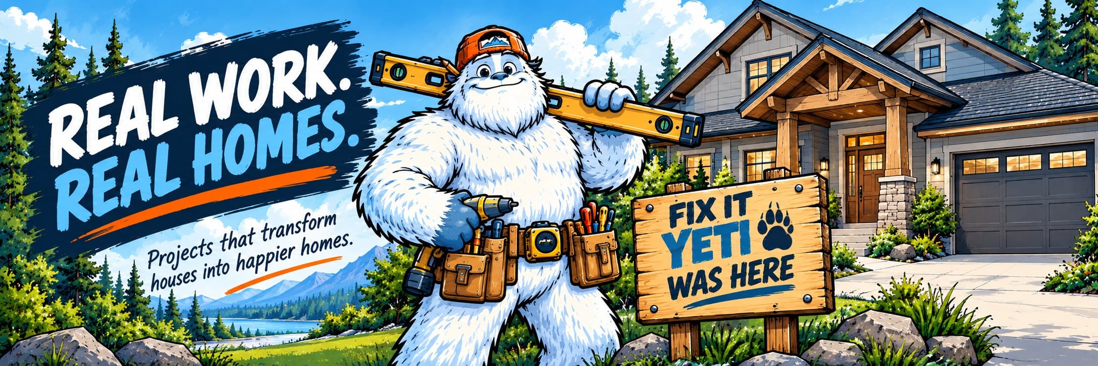 The Builder yeti with a level over his shoulder in front of a finished craftsman home, beside a wooden sign reading Fix It Yeti was here