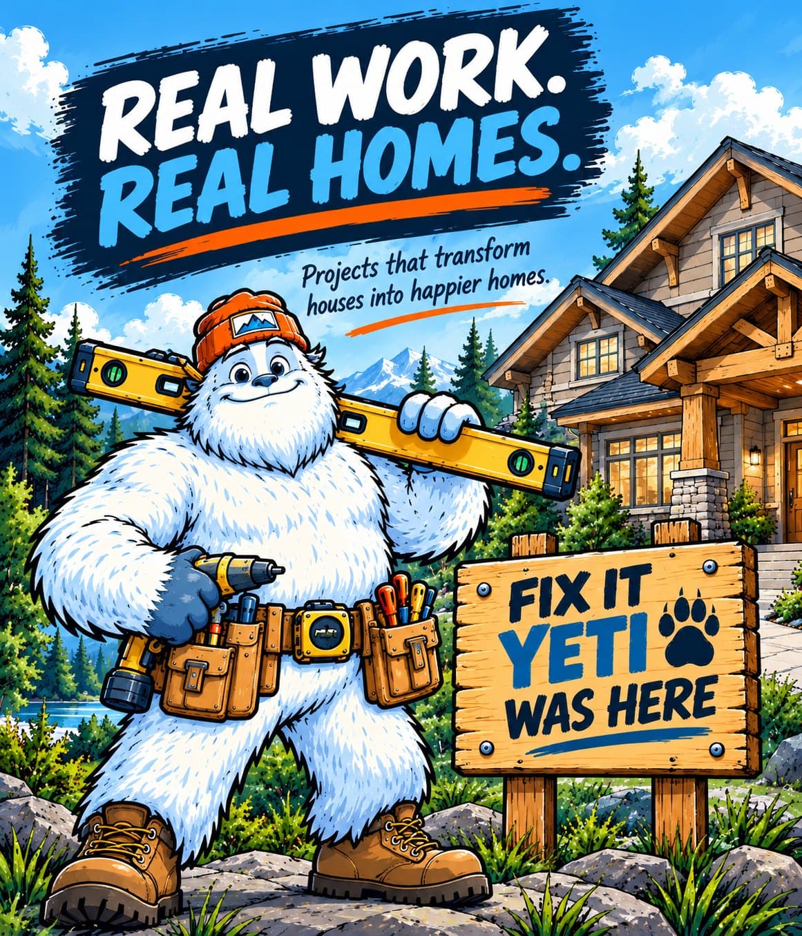 The Builder yeti with a level over his shoulder in front of a finished craftsman home, beside a wooden sign reading Fix It Yeti was here