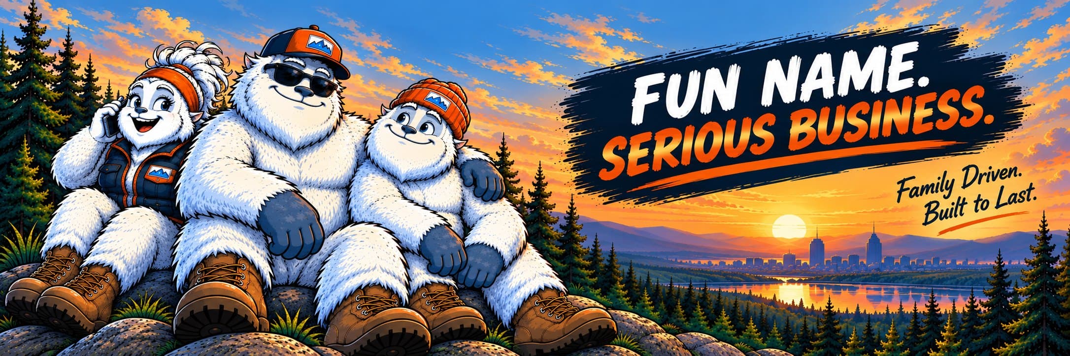 Three yetis, Grace on the phone, Bob in the middle and Mitch in a beanie, sitting together on a rock at sunset over a river valley, with the words Fun name. Serious business. Family driven. Built to last.