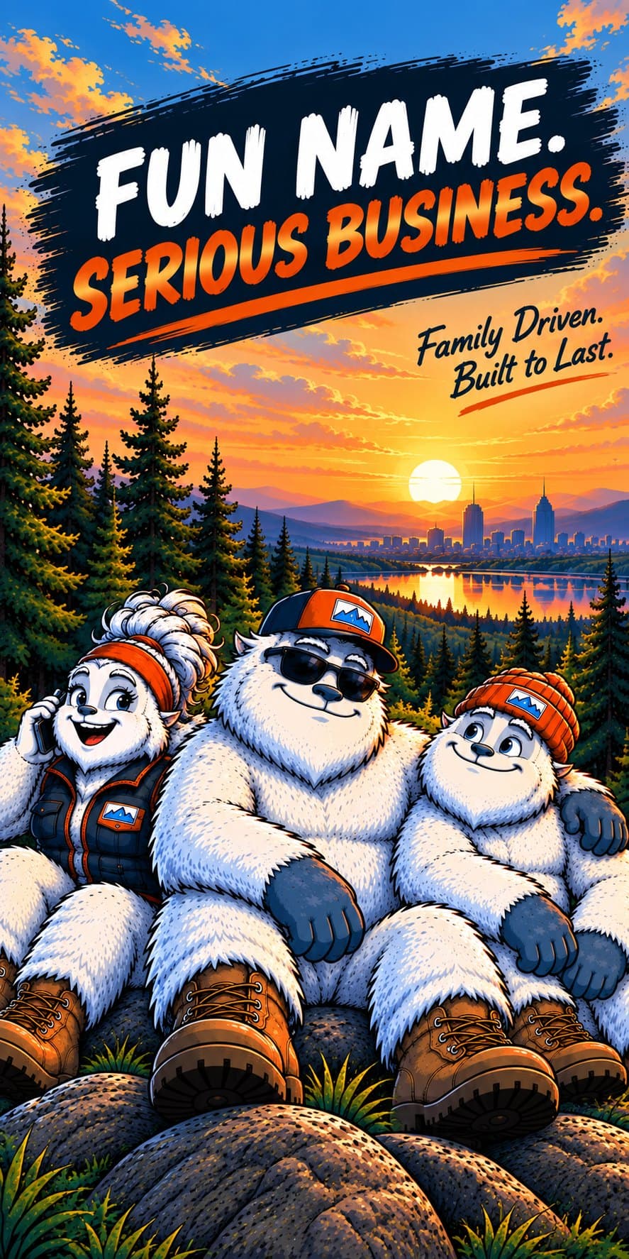 Three yetis, Grace on the phone, Bob in the middle and Mitch in a beanie, sitting together on a rock at sunset over a river valley, with the words Fun name. Serious business. Family driven. Built to last.
