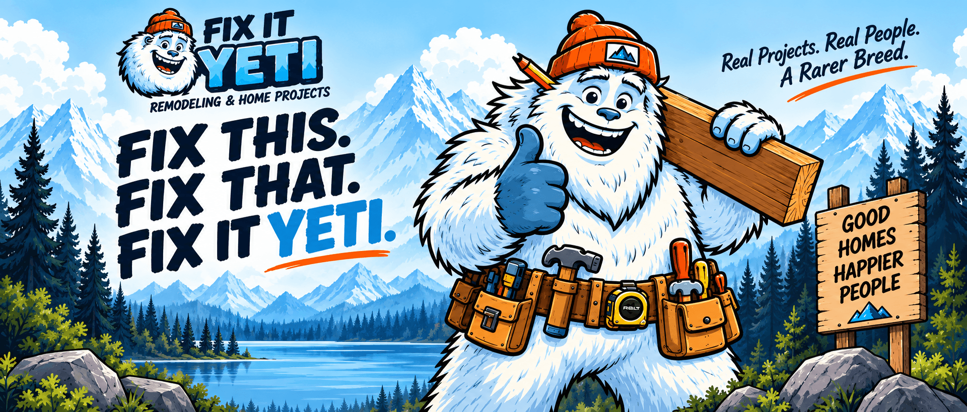 The Builder yeti in an orange beanie with lumber over his shoulder, mountains and a lake behind him, beside a sign reading Good homes, happier people