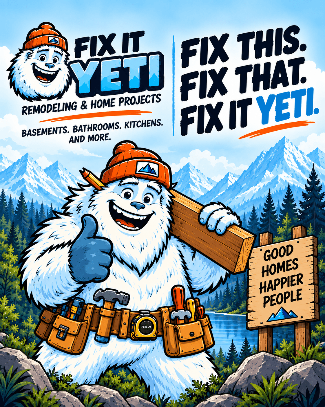 The Builder yeti in an orange beanie with lumber over his shoulder, mountains behind him, beside a sign reading Good homes, happier people