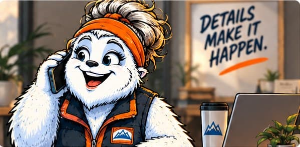 Grace as a yeti on the phone at a desk with a laptop and coffee, with the words Details make it happen